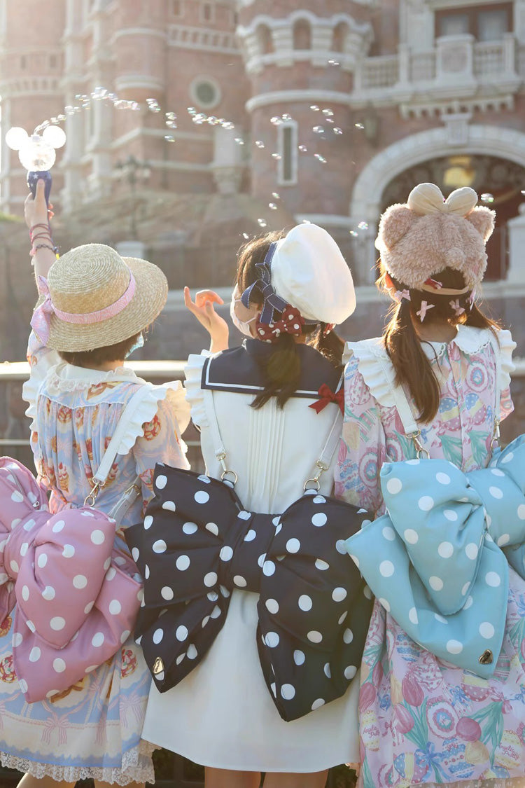 Pink/Black Polka Dot Print Bowknot Shaped Sweet Lolita Backpack - Product - 9