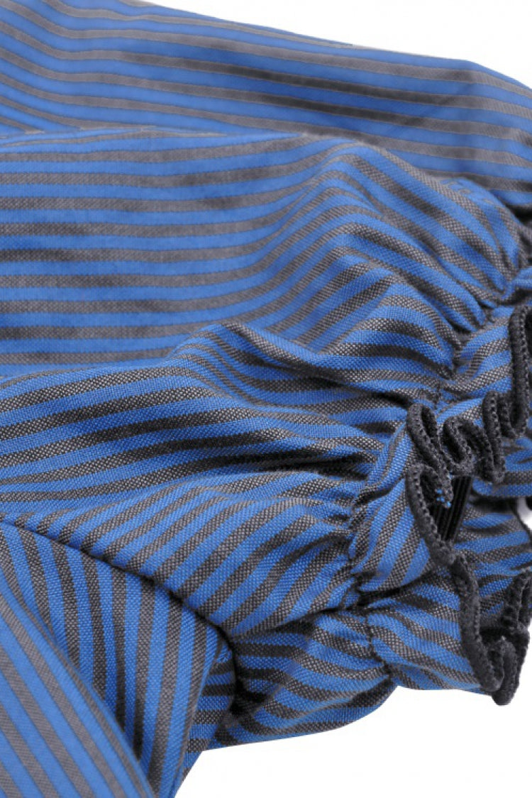 Blue/Black Striped Bow Ruffled Stand Collar Lace Jabot Short Puff Sleeves Front Button‑Up Women's Gothic Blouse - Product - 17
