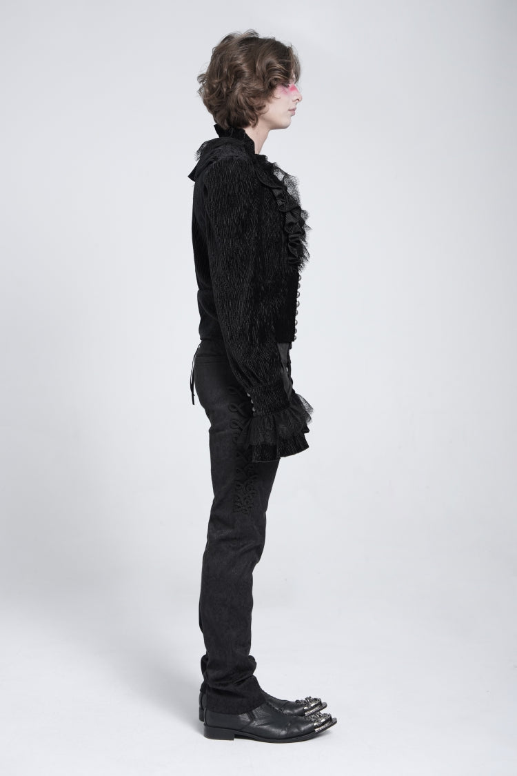 Black V Collar Long Sleeves Ruffle Stitching Lace Men's Gothic Blouse - Product - 6