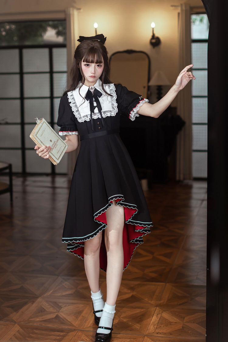 Black/White [Rosalind] Lapel Collar Short Sleeves Bow Lace Gothic Maid Lolita Dress - Product - 9