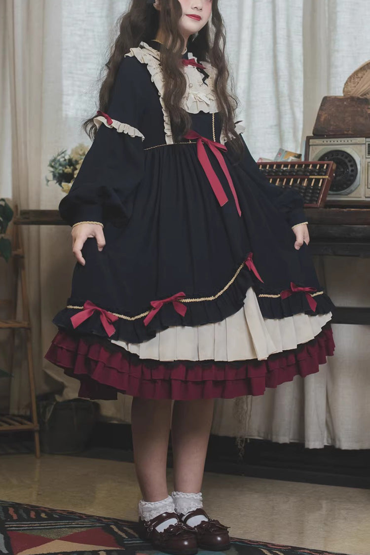 Blue Long Sleeves Ruffle Bowknot Daily Sweet Princess Lolita Dress - Blue - 1