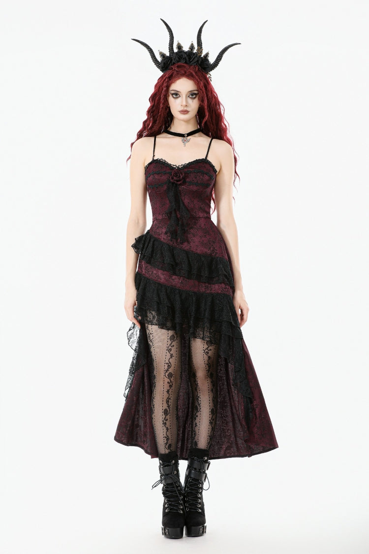 Black/Red Rose Irregular Multi-Layered Lace Ruffled Women's Gothic Slip Dress Wedding Dress - Product - 6