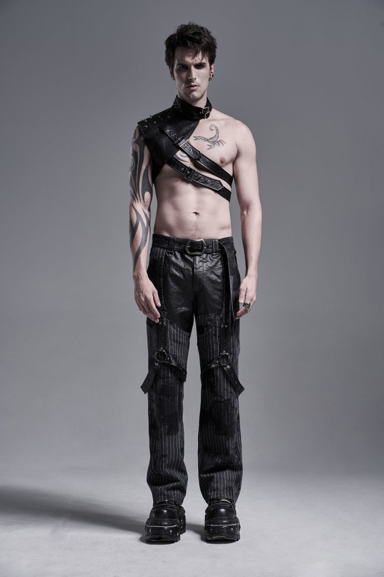 Black Stand Collar Sleeveless Irregular Asymmetric Studded Chain-Decorated Men's Gothic Handsome Cool Shoulder Harnesses - Product - 5