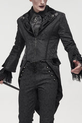 Black Gothic Embroidered Print Pattern Metal Pattern Buckle Decoration Trumpet Sleeve Men's Swallowtail Coat - Black - 1