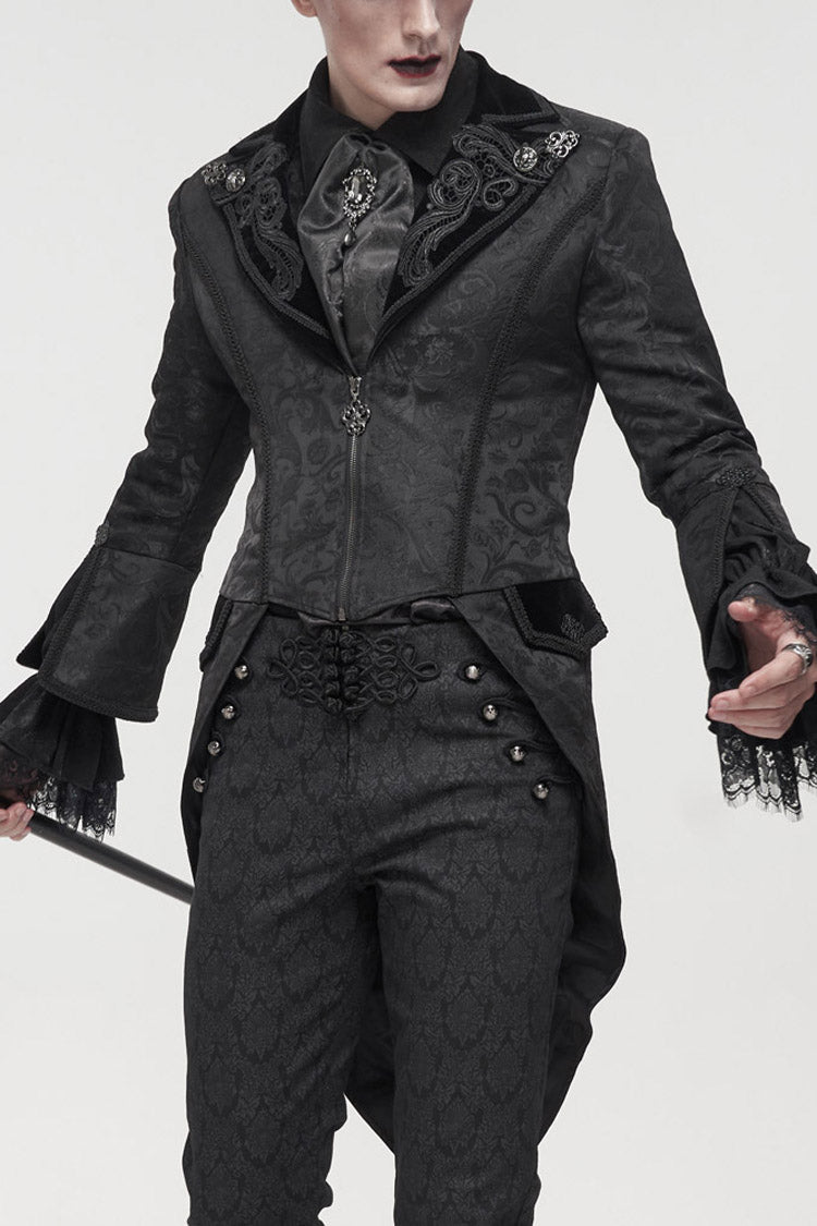 Black Gothic Embroidered Print Pattern Metal Pattern Buckle Decoration Trumpet Sleeve Men's Swallowtail Coat - Black - 1