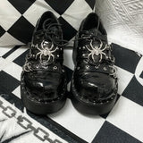 Cracked Black Spider Design Multiple Straps Chain-Decorated Gothic Punk Platform Shoes - Product - 2