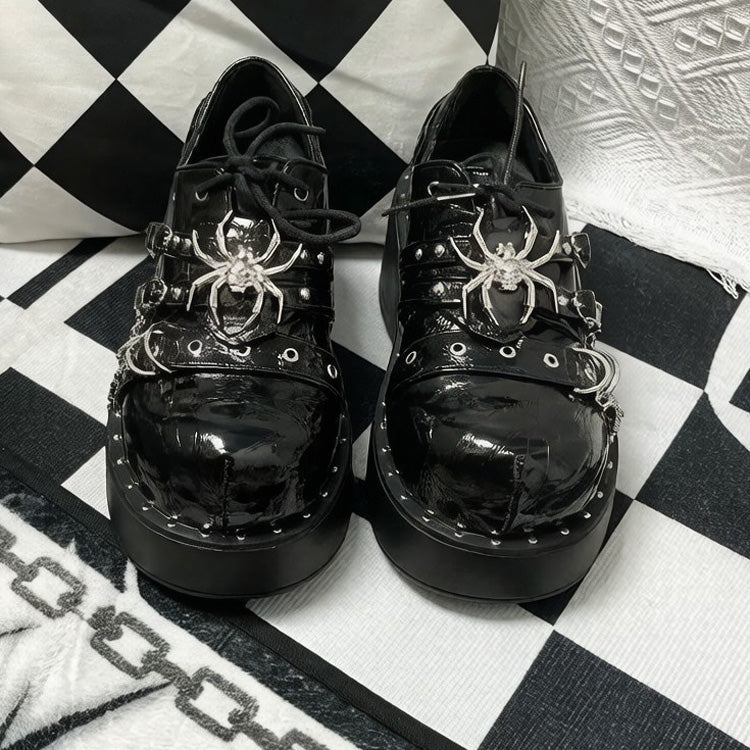 Cracked Black Spider Design Multiple Straps Chain-Decorated Gothic Punk Platform Shoes - Product - 2
