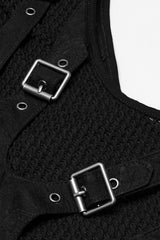 Black Stand Collar Stitching Mesh Buckle Women's Punk Vest - Product - 7