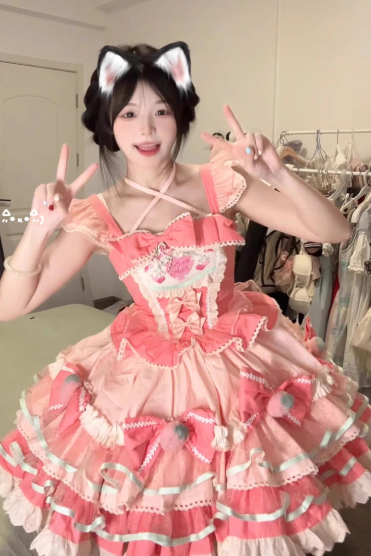 Pink Multi-Layered [Cream Strawberries] Print Ruffle Bowknot Sweet Lolita Tiered Dress - Product - 8