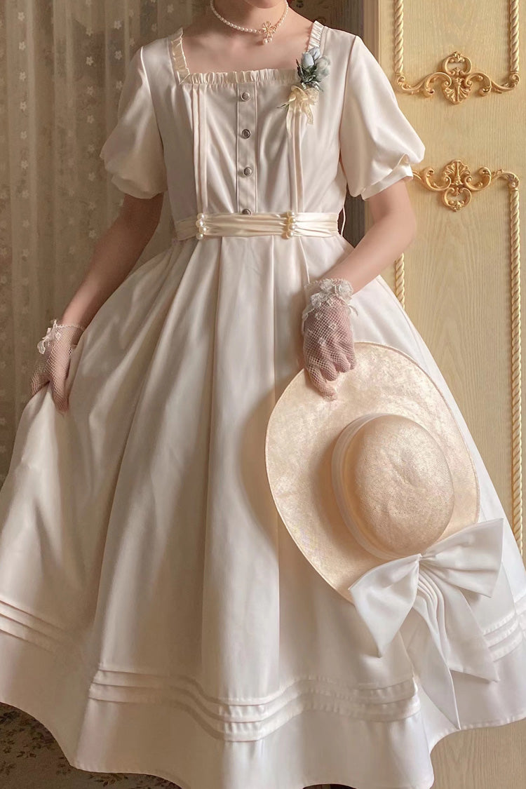 Apricot [Random Thoughts] Square Collar Short Sleeves Ruffle Classic Vintage Elegant Lolita Dress - Product - 9