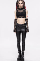 Black Gothic Cotton Knitted Fabric Fake Two-Piece Small Stand Up Collar Patchwork Skull Mesh Super Short Women's Vest - Product - 5