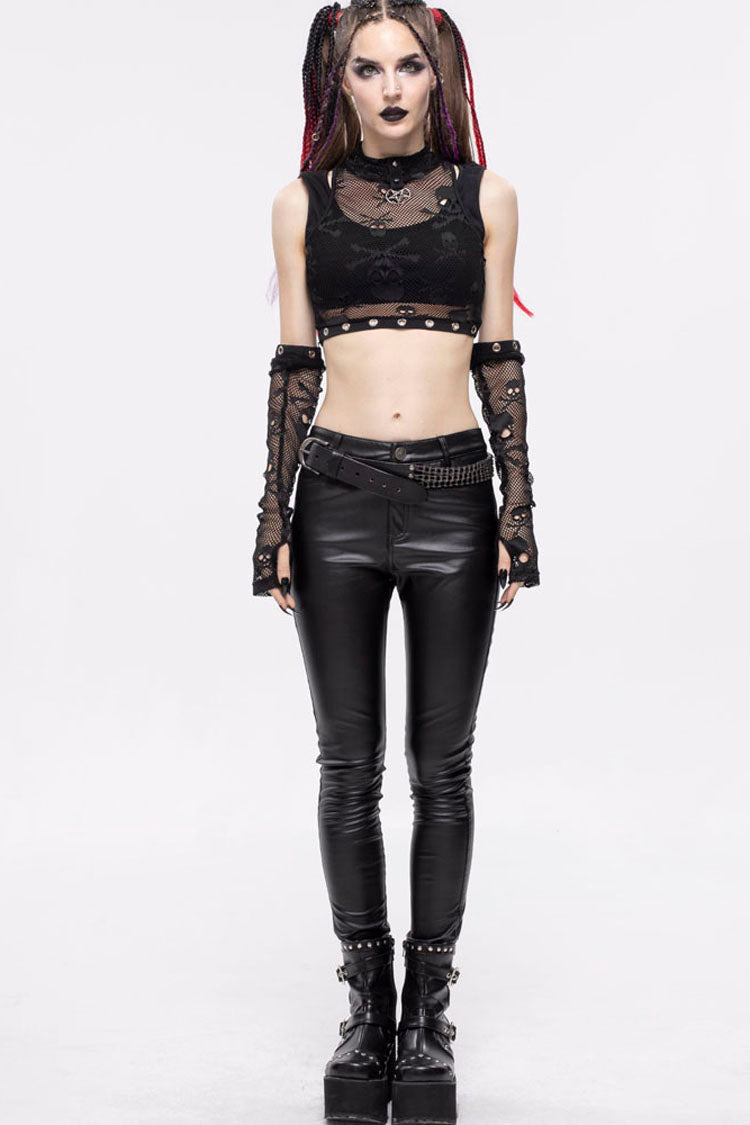 Black Gothic Cotton Knitted Fabric Fake Two-Piece Small Stand Up Collar Patchwork Skull Mesh Super Short Women's Vest - Product - 5