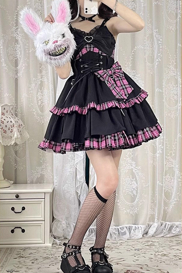 Black/Pink Plaid Print Color Contrast Leather Buckle Bowknot Ruffle Gothic Lolita JSK Dress - Product - 8