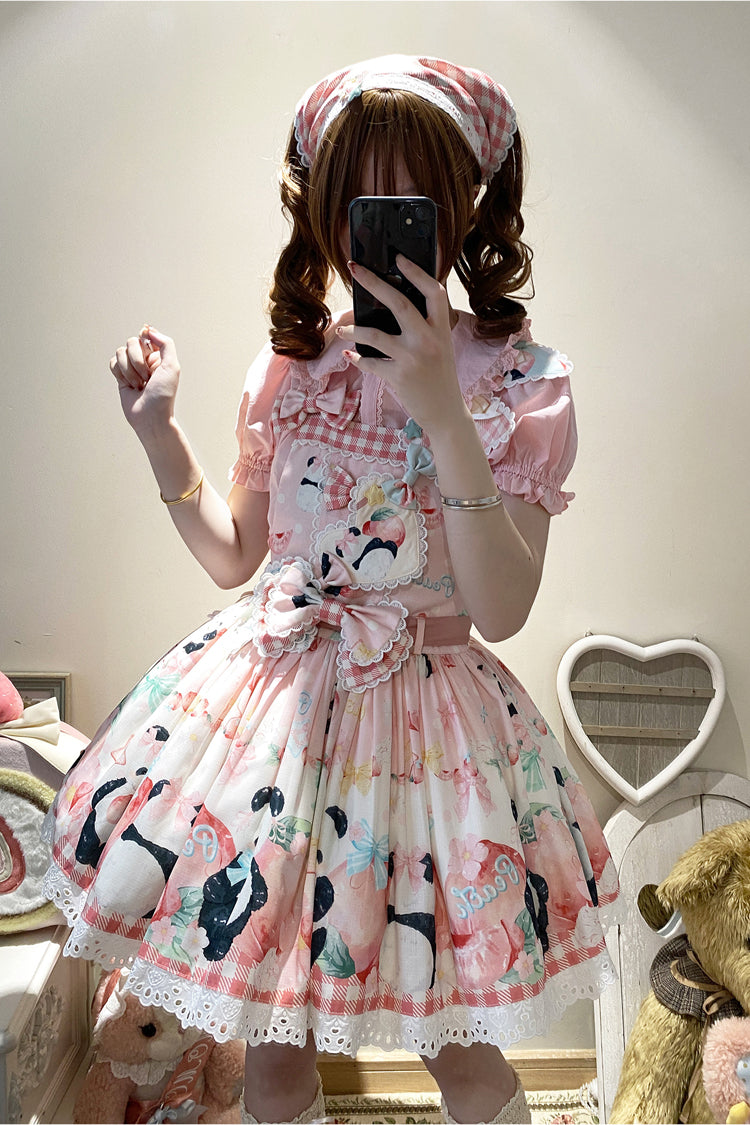 Panda Peach Print Bowknot Sweet Lolita Strap Dress 3 Colors - Product - 10