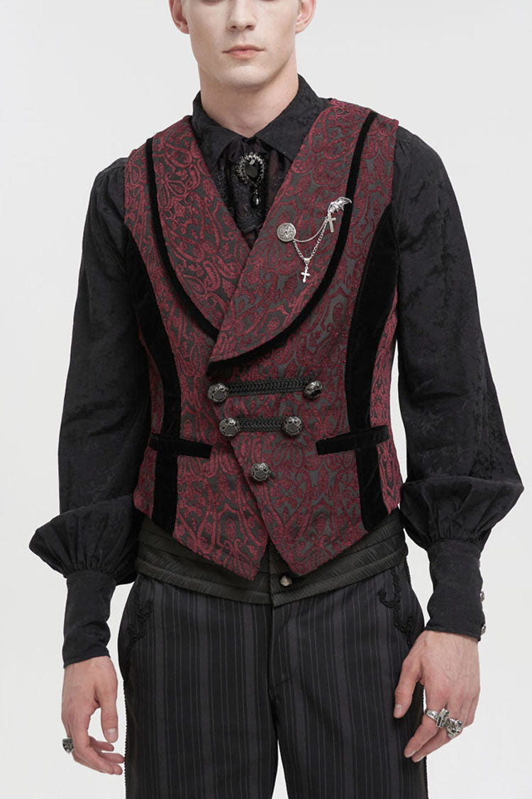 Red Slim Retro Jacquard Chest Metal Chain Cross Men's Gothic Vest - Red - 1