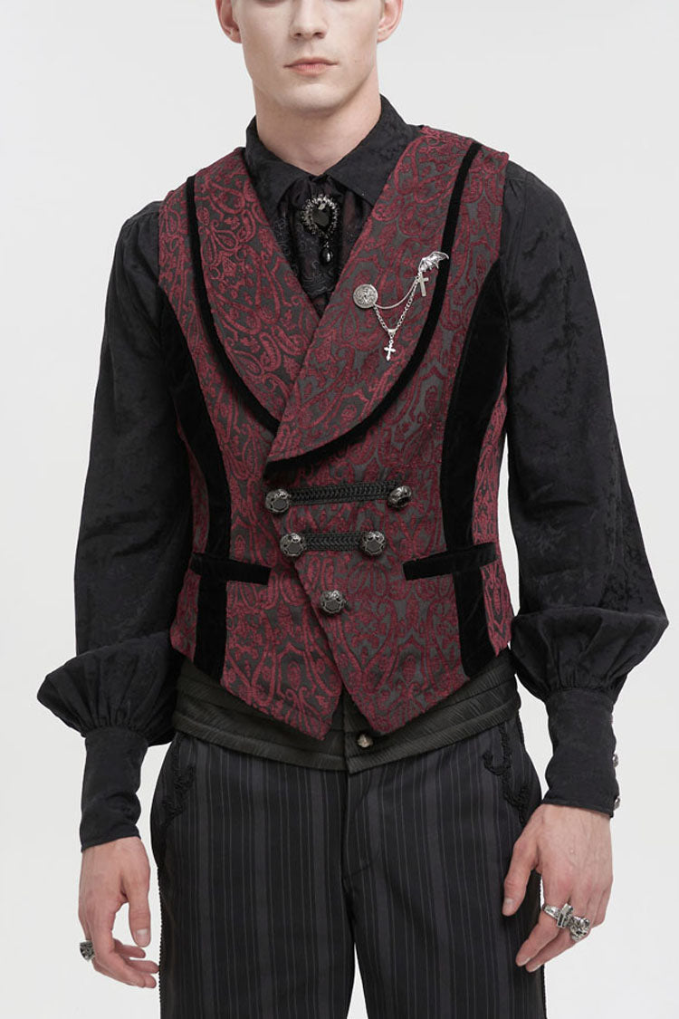 Red Slim Retro Jacquard Chest Metal Chain Cross Men's Gothic Vest - Red - 1