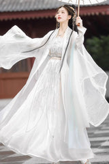 White Long Sleeves High Waisted Jacquard Print Embroidery Women's Sweet Hanfu Dress Full Set - Product - 5