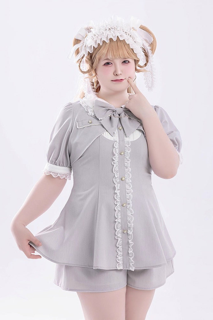 Grey Short Sleeves Ruffle Bowknot Fake Two Pieces Jirai Kei Japanese Dress Shorts - Product - 8