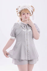 Grey Short Sleeves Ruffle Bowknot Fake Two Pieces Jirai Kei Japanese Dress Shorts - Product - 8