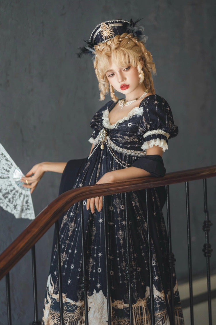 Blue [Unicorn] V Collar Short Sleeves Empire Motif Print Embroidery Bowknot Lace Sweet Elegant Lolita Dress - Product - 13