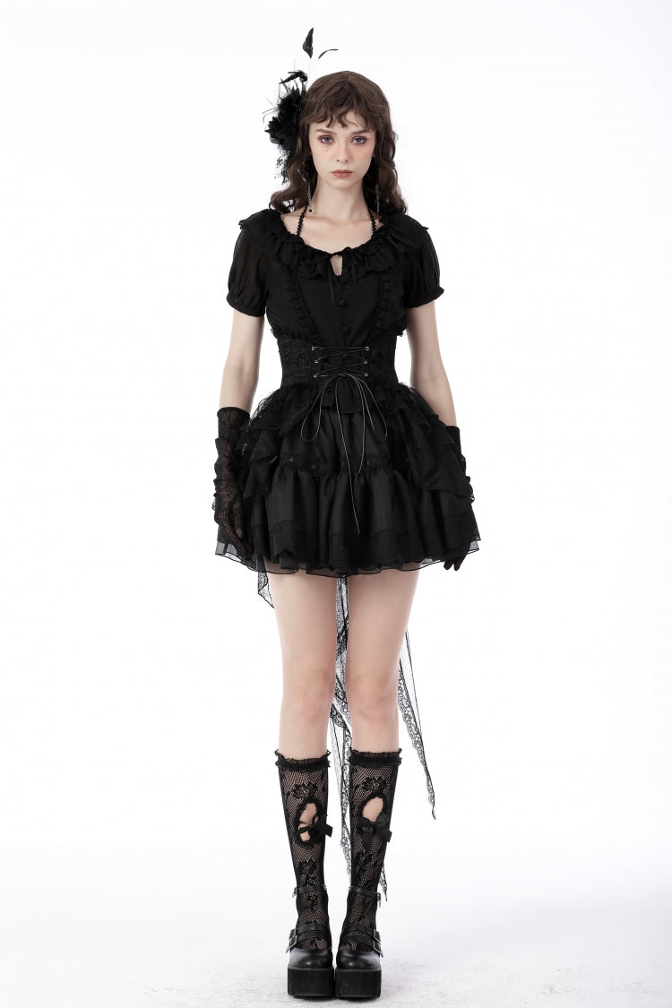 Black Lace-Up Multi-Layered Lace Women's Gothic Fishtail High Low Tunic Skirt - Product - 5