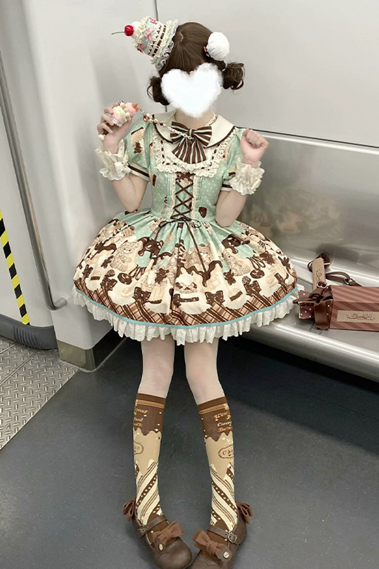 Brown [Peppermint Chocolate] Chocolate Cake Bear Print Ruffle Bowknot Lace-Up Sweet Lolita Dress - Product - 18