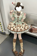 Brown [Peppermint Chocolate] Chocolate Cake Bear Print Ruffle Bowknot Lace-Up Sweet Lolita Dress - Product - 18