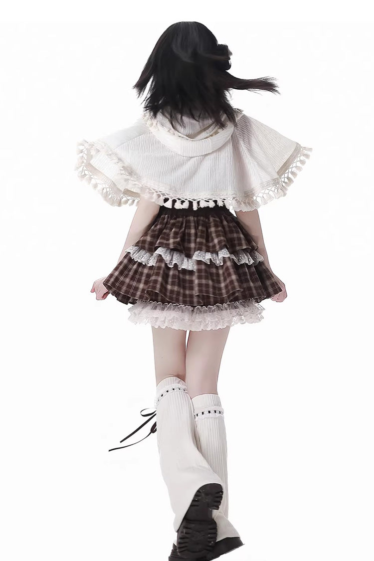 Brown [Warm Summer Days] Double-Layered Printed Ruffled Spliced Lace Sweet Lolita Skirt - Product - 9