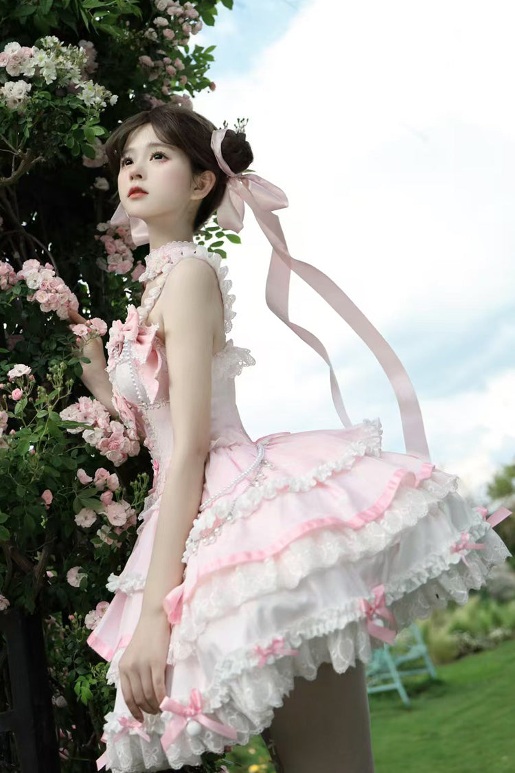 Pink [Prelude of Spring Cherry] Square Collar Sleeveless Multi-Layered Jacquard Ruffled Bow Lace Pearl-Decorated Sweet Lolita Jsk Dress - Product - 4