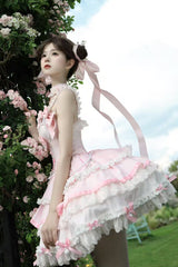 Pink [Prelude of Spring Cherry] Square Collar Sleeveless Multi-Layered Jacquard Ruffled Bow Lace Pearl-Decorated Sweet Lolita Jsk Dress - Product - 4
