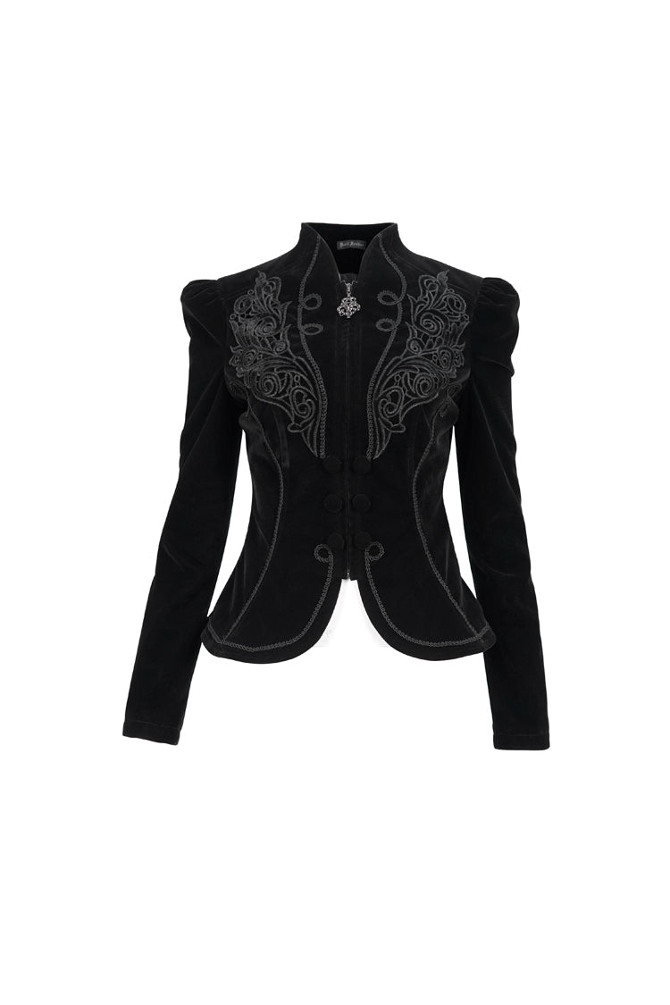 Black Stand Collar Velvet Appliqu On Chest Pendant Zipper Autumn And Winter Short Long Sleeve Women's Gothic Jacket - Product - 6