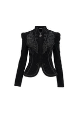 Black Stand Collar Velvet Appliqu On Chest Pendant Zipper Autumn And Winter Short Long Sleeve Women's Gothic Jacket - Product - 6
