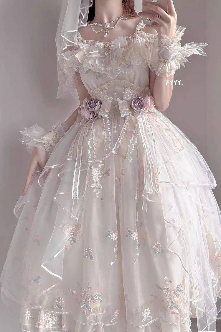 Ivory Short Sleeves Multi-layer Hanayome Bowknot Princess Gorgeous Sweet Lolita Strapless Dress Set - Ivory - 1
