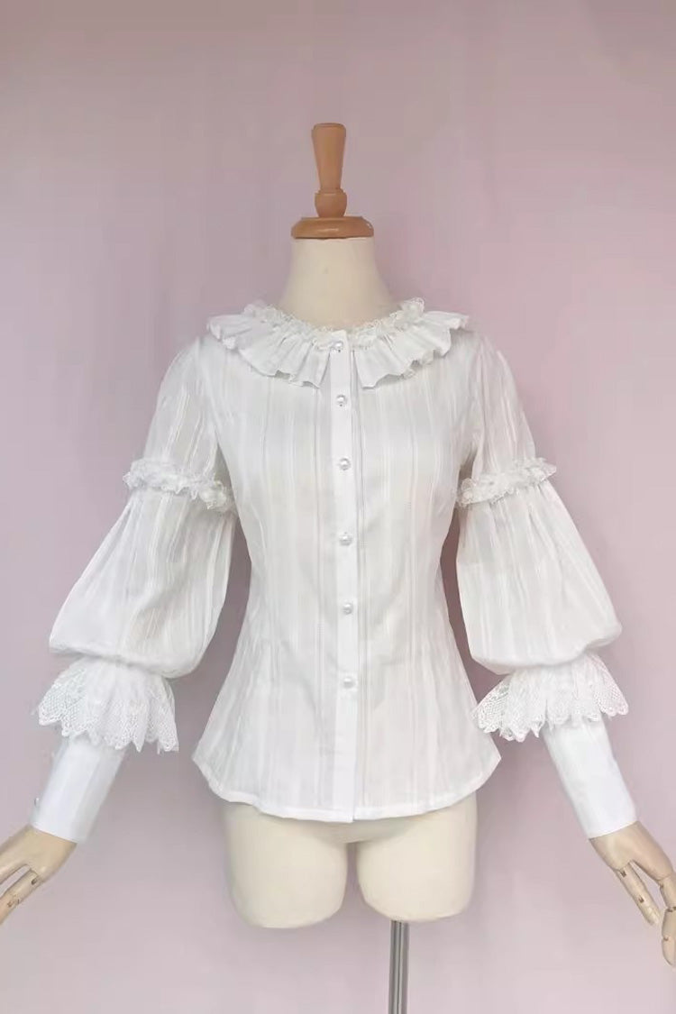 White Long Sleeves Jacquard Ruffle Sweet Lolita Blouse - White - 1