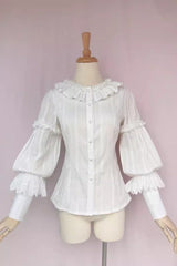 White Long Sleeves Jacquard Ruffle Sweet Lolita Blouse - White - 1