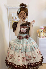 Chocolate Rosette Cat Print Bowknot Stitching Lace Sweet Lolita Jsk Dress 4 Colors - Product - 15