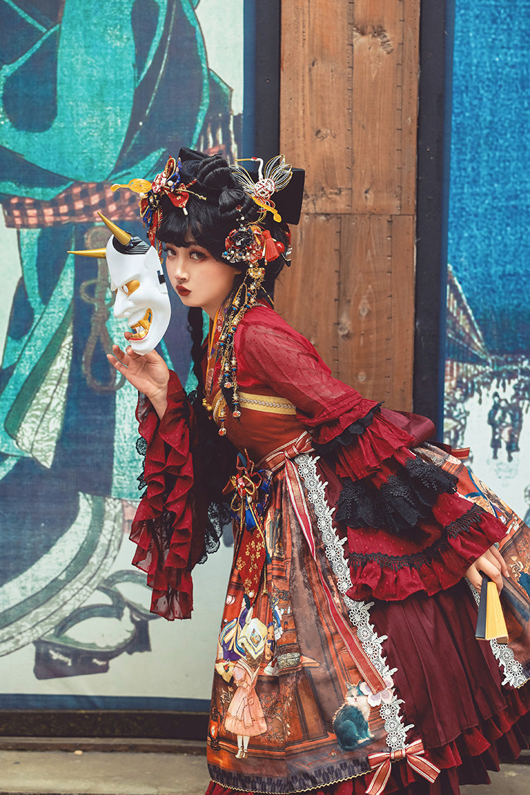 Multi-Color Nightmare Print Japanese Ruffle Bowknot Sweet Lolita Jsk Dress - Product - 5