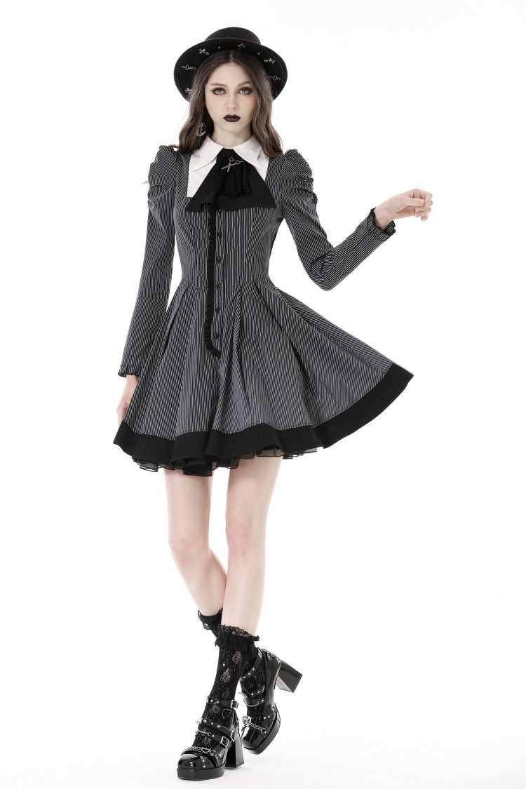 Black/White Lapel Collar Long Puff Sleeves Women's Gothic Striped Preppy Style Dress - Product - 7