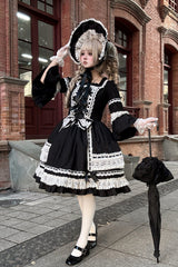 Black Square Collar Long Trumpet Sleeves Bow Lace Lace-Up Gothic Lolita Dress - Product - 9