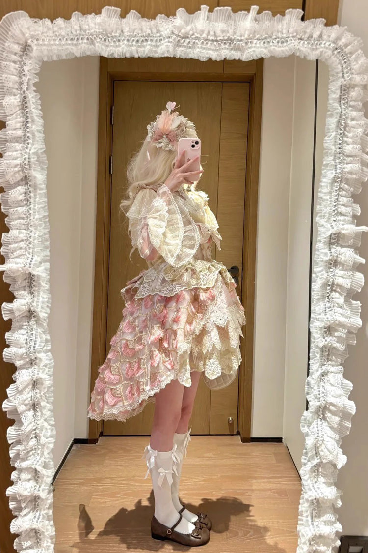 Pink [Peacock Feather] Multi-Layered Ruffle Hanayome Cardigan Bowknot Lace Sweet Lolita Jsk Dress Set - Product - 13