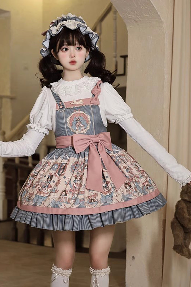 Blue Doll Print Ruffle Bowknot Sweet Lolita Strap Dress - Product - 4