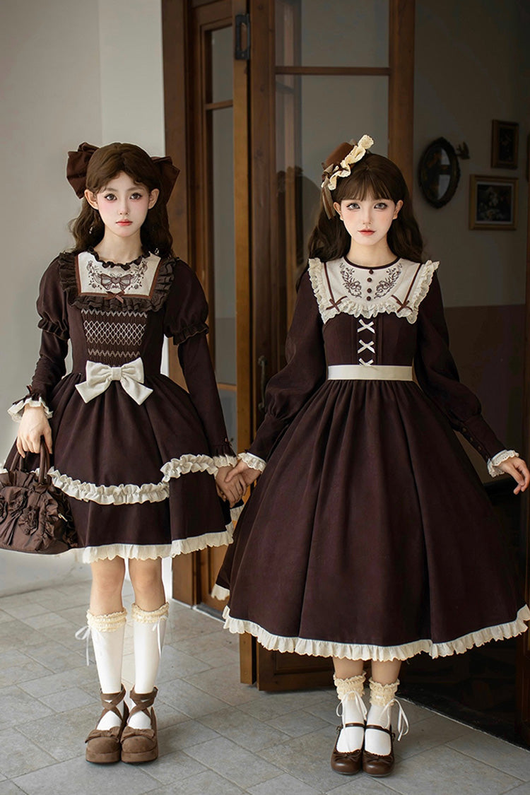 Brown [Miss Brown] Long Sleeves Double-Layered Ruffle Bouquet Embroidery Bowknot Sweet Lolita Dress (Short Version) - Product - 5
