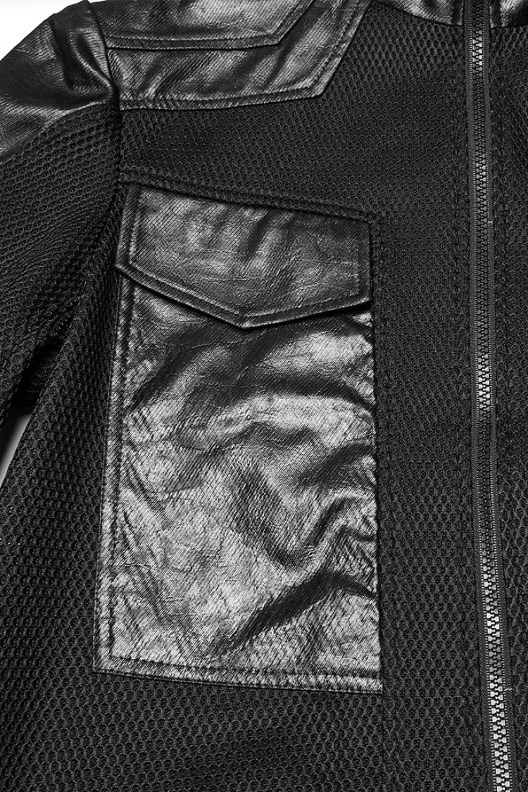 Black Stand Collar Long Sleeves Faux Leather Stitching Mesh Men's Punk Coat - Product - 5