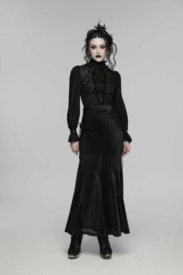 Black Stand Collar Long Sleeves Lace Lace-Up Slim Women's Gothic Blouse - Product - 10