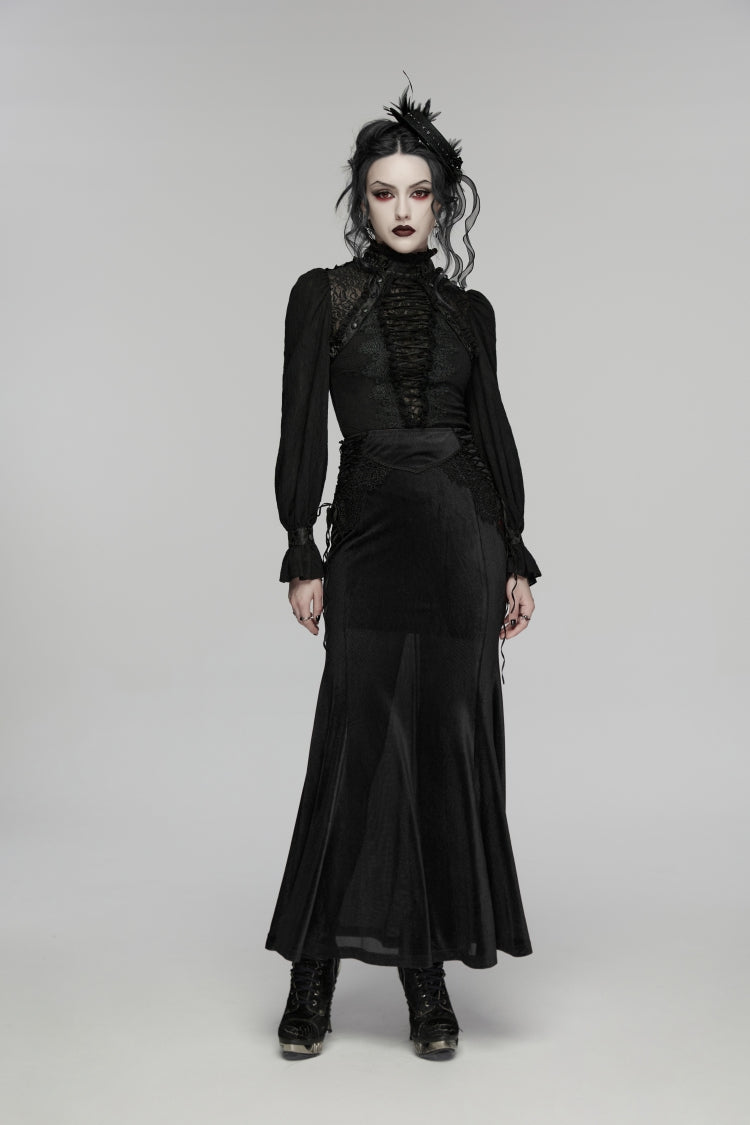 Black Stand Collar Long Sleeves Lace Lace-Up Slim Women's Gothic Blouse - Product - 10