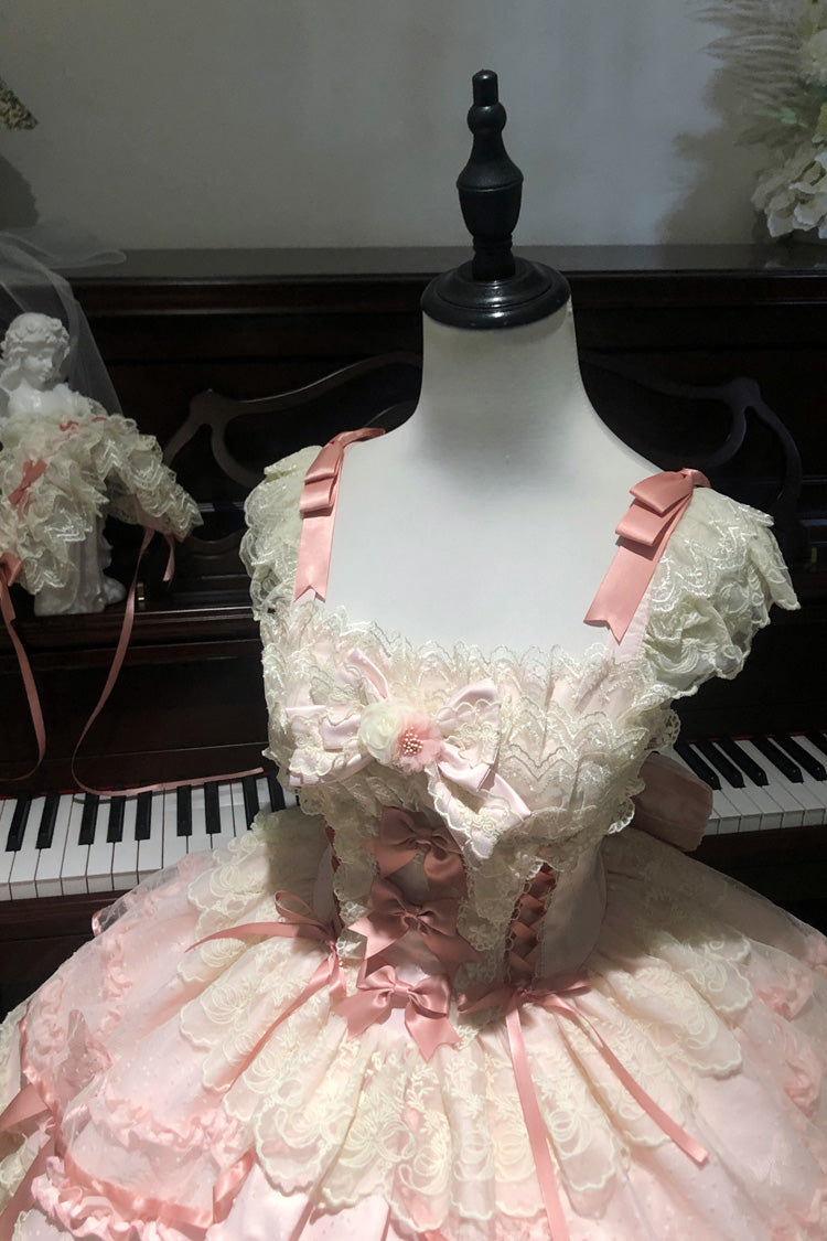 Pink [Dreaming Butterfly] Multi-Layered Jacquard Ruffle Bowknot Lace Sweet Princess Lolita Jsk Dress - Product - 10