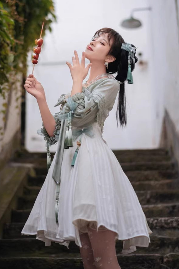 White/Green Half Sleeves Ruffled Bow Sweet Chinese Style Lolita Hanfu Dress - Product - 9