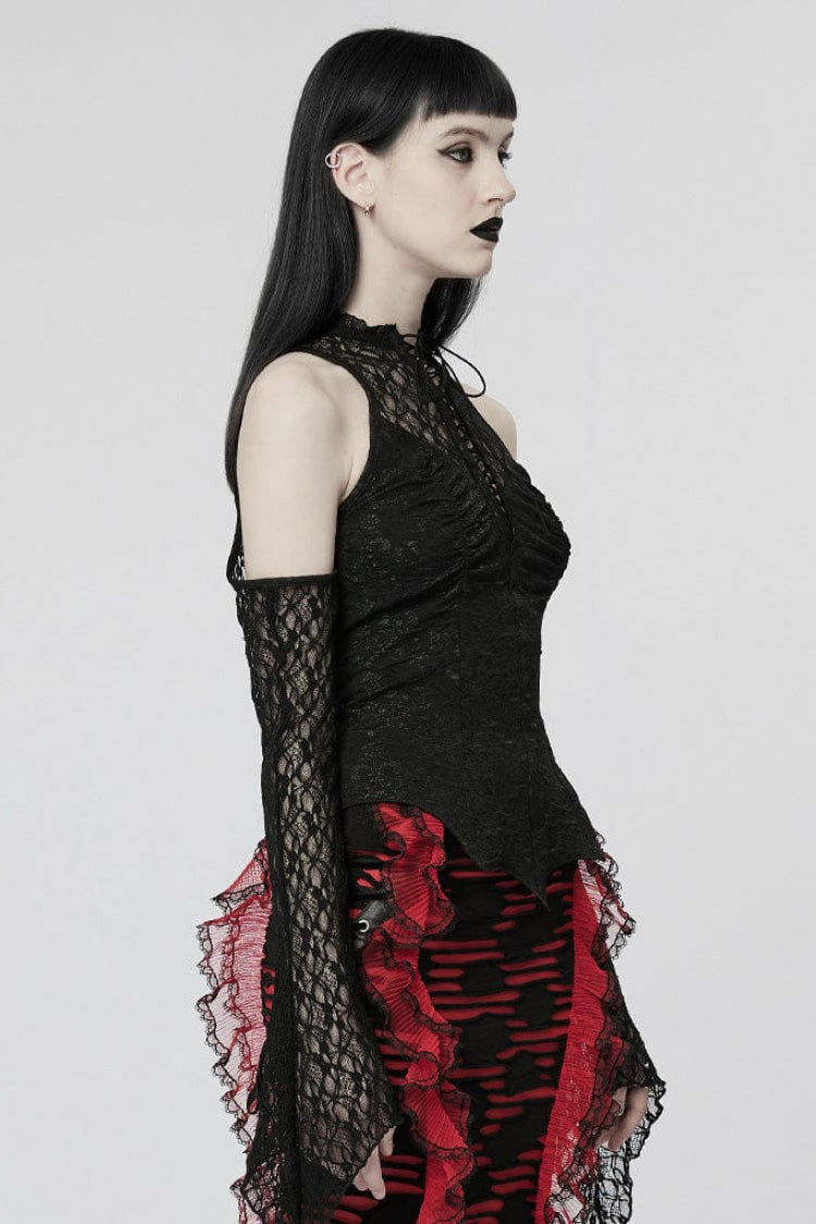 Black Off Shoulder Jacquard Hollow Stitching Lace Womens Gothic T-Shirt - Product - 2