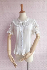 Round Collar Short Puff Sleeves Chiffon Lace Sweet Lolita Blouse 2 Colors - Product - 2