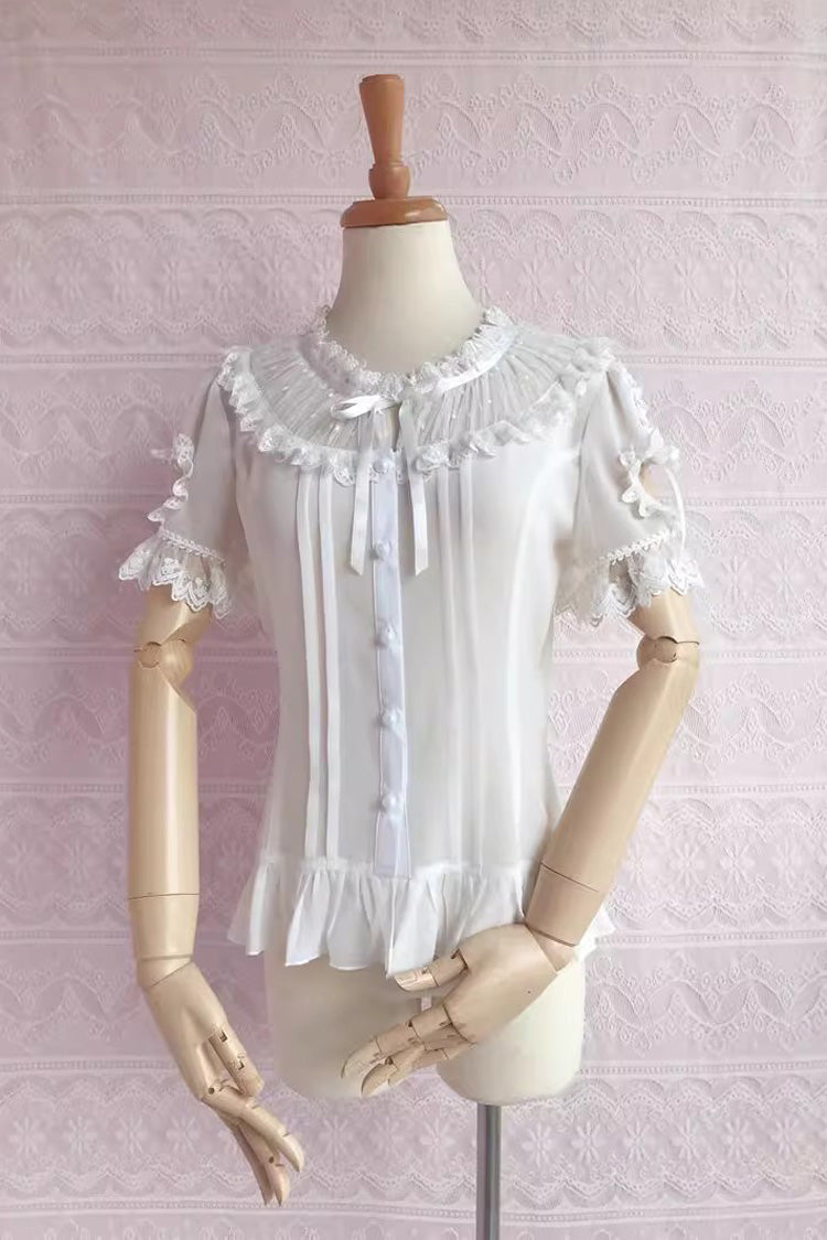 Round Collar Short Puff Sleeves Chiffon Lace Sweet Lolita Blouse 2 Colors - Product - 2